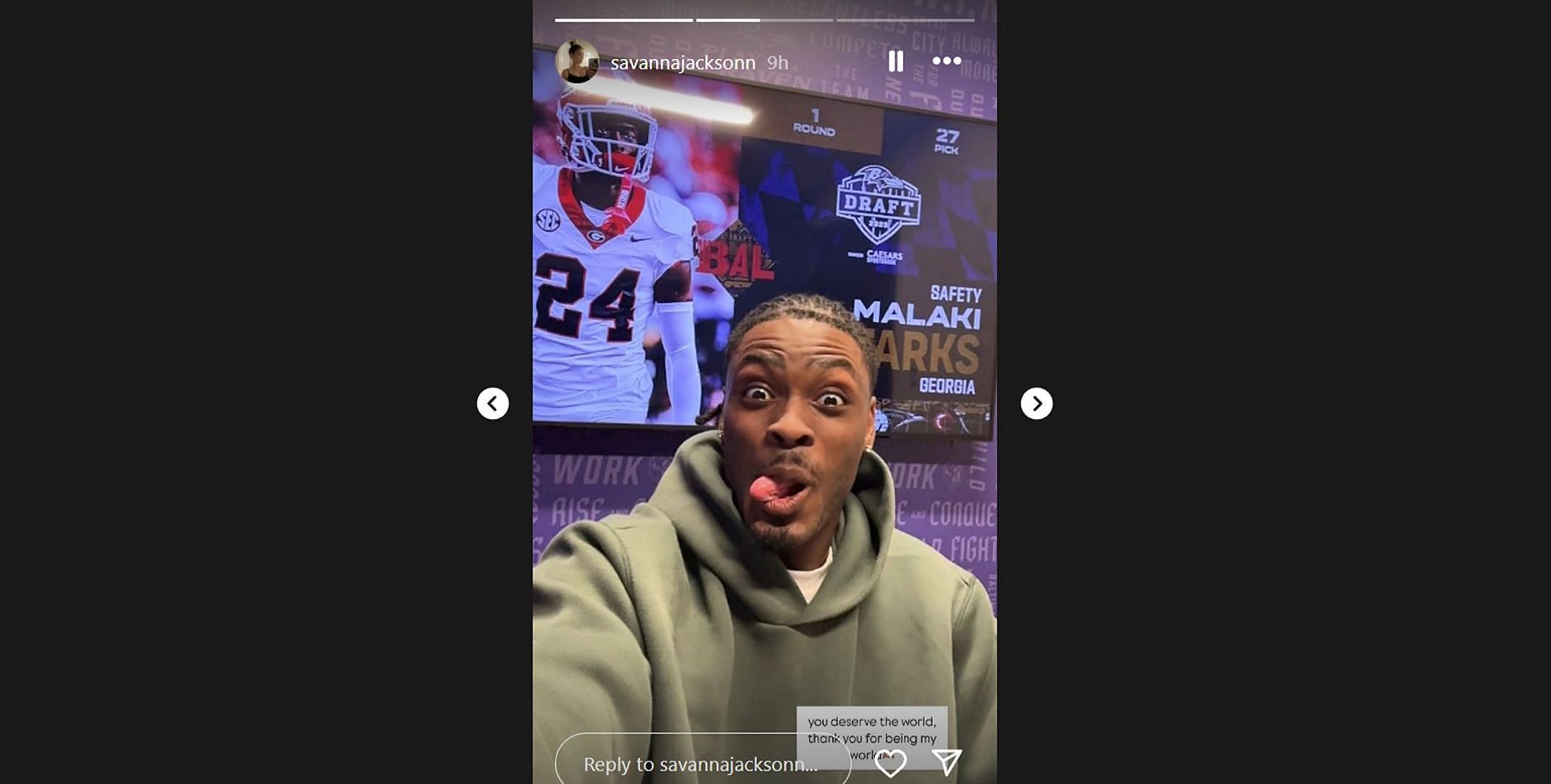 Starks' fiancée, Savanna,h pens a message as Ravens rookie signs contract/@savannajacksonn